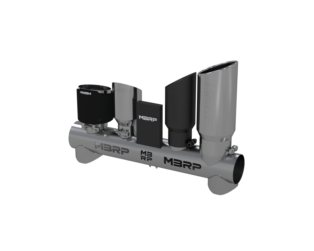 MBRP Exhaust DS0007 T304 Stainless Steel Tip Display with Various Tips.