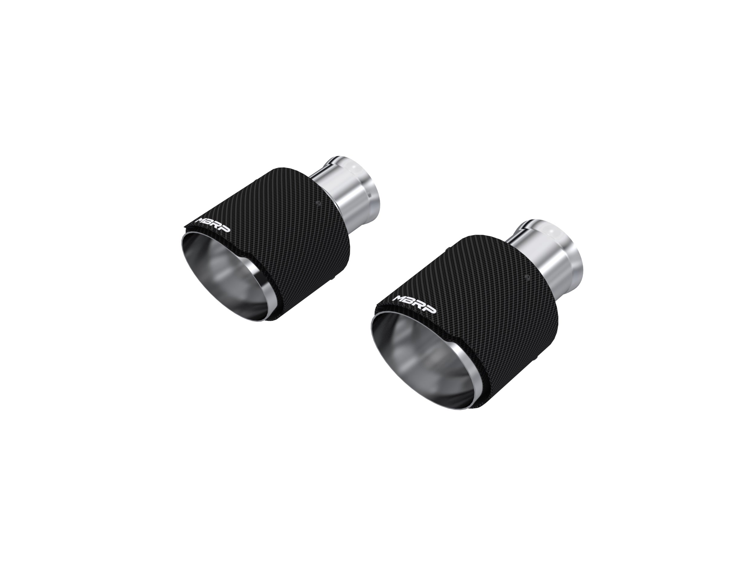 MBRP Exhaust 5in. OD, SEC 70 inlet, 7.7in. in length, Dual Wall, Angle Cut, CF Tip Pairs.